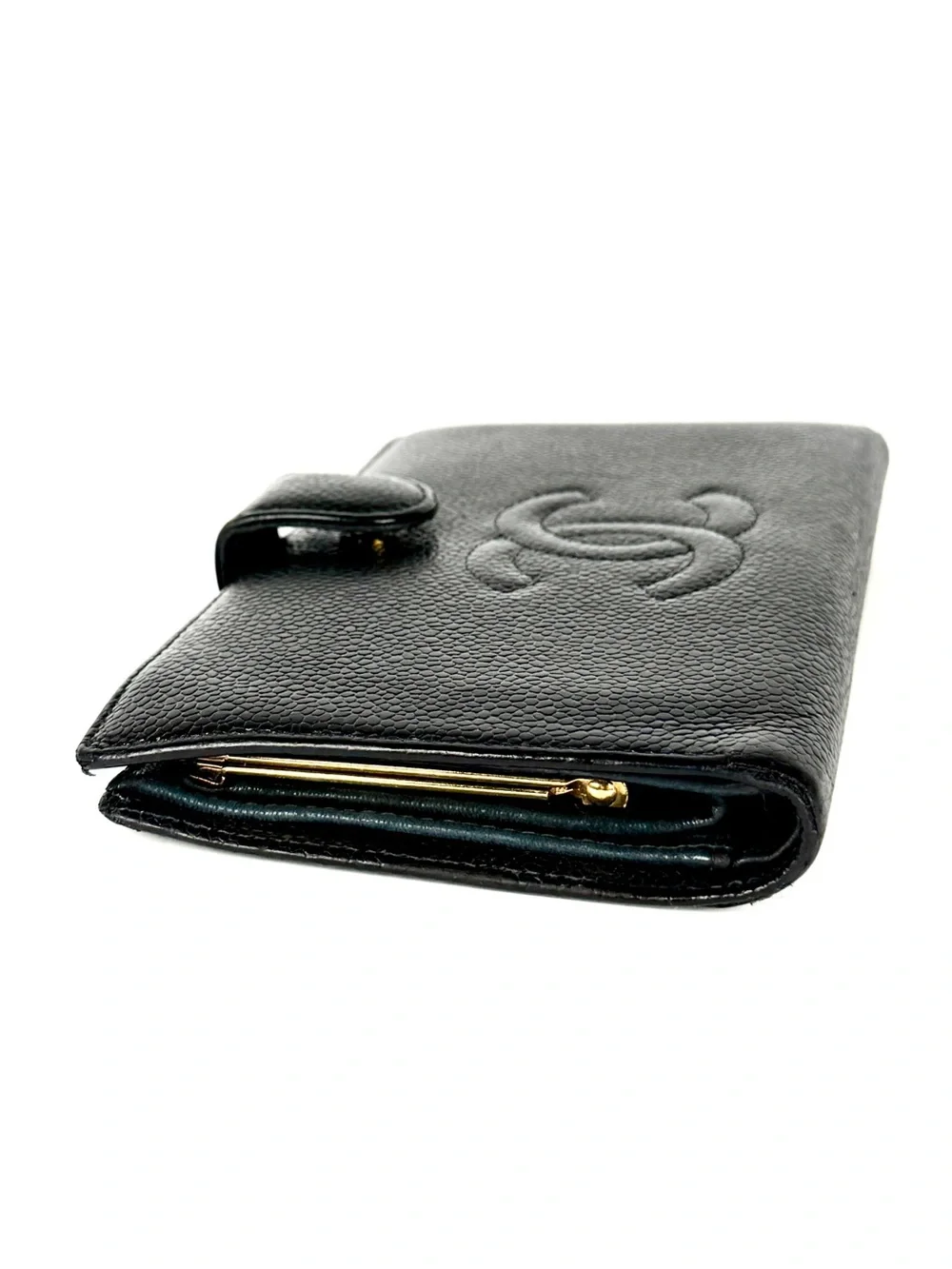 Chanel Black Caviar Leather Long Snap Bifold Wallet | Vintage CC Logo